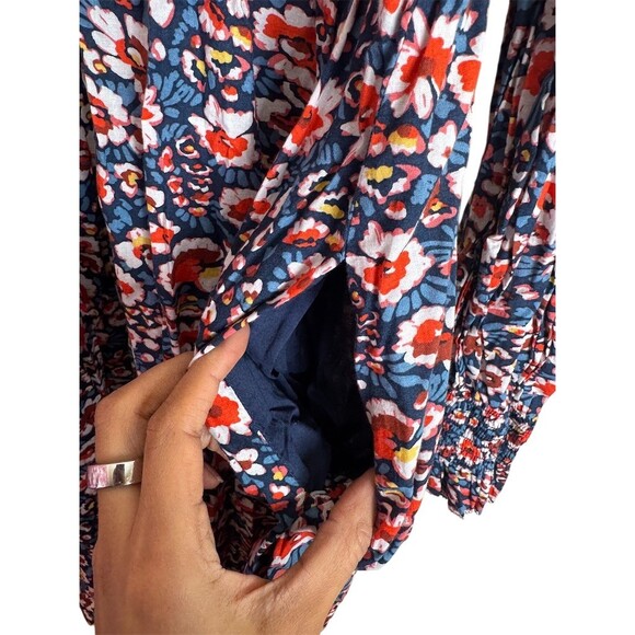 Boden Dress Womens 16/18 Long Navy Red Floral Smocked Fit & Flare Midi - Picture 5 of 9